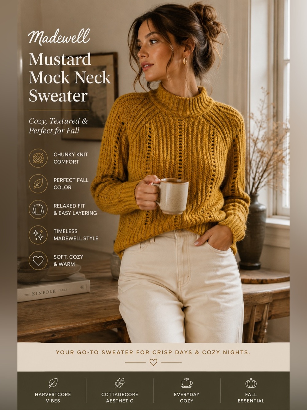 Madewell Mustard Pointelle Mock Neck Sweater Cottagecore Harvest Cozy XS